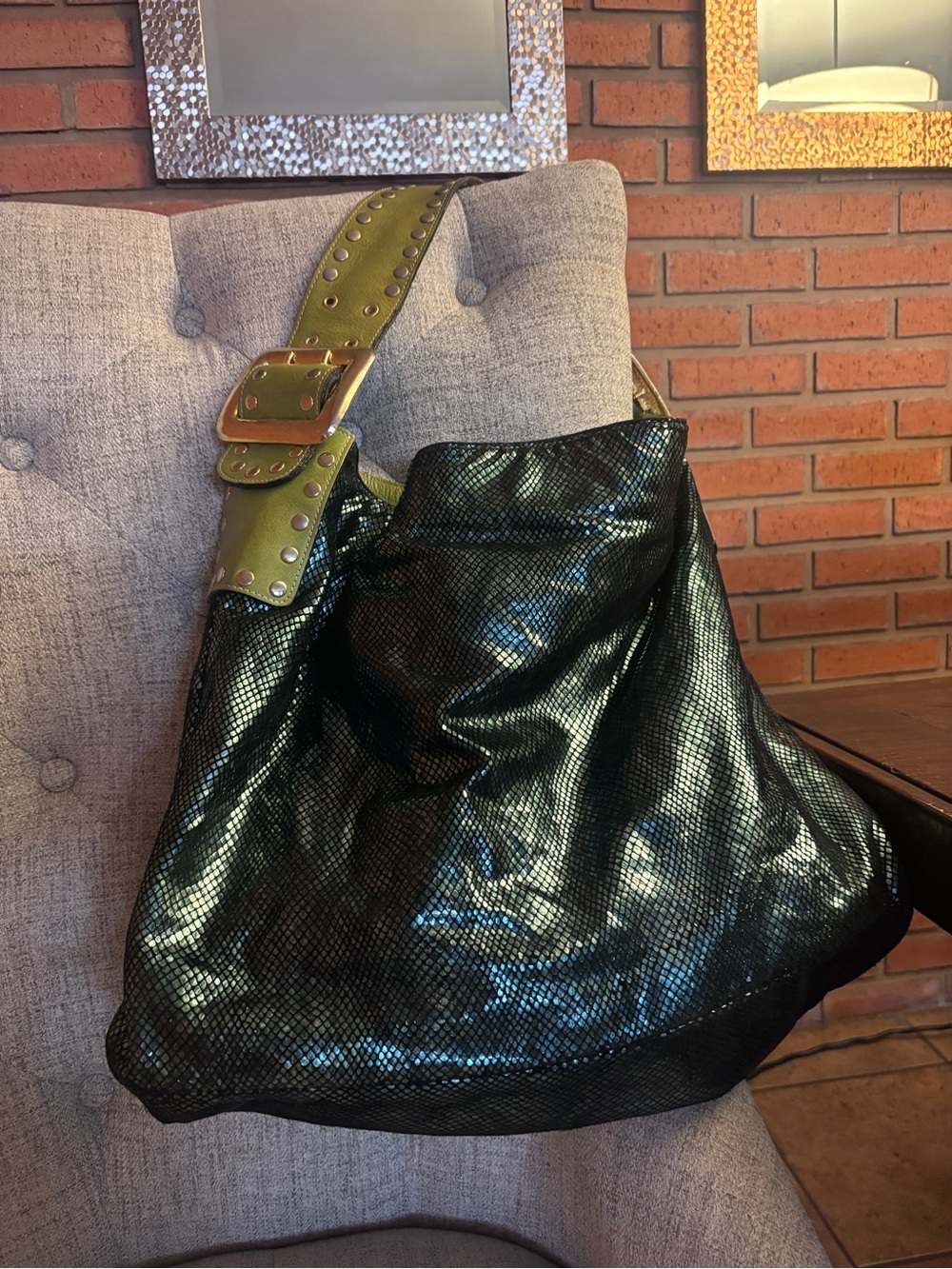 Be & D Metallic Black Hobo with Olive Studded Strap 🤩🤩